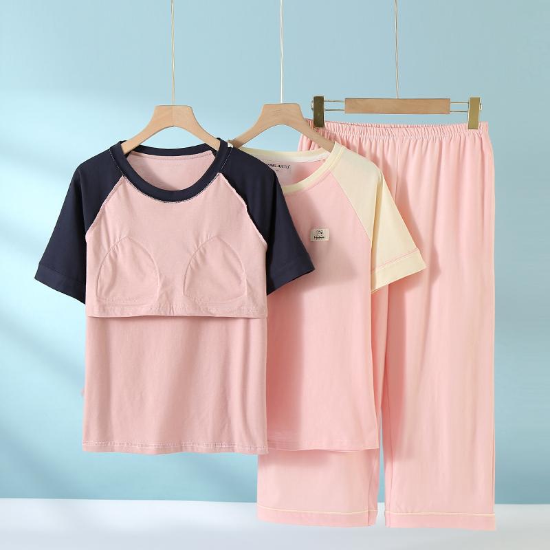 New Women's Pajamas suit with Cup Bra-free Summer Cotton Short-sleeved Cropped Pants Outwear Loose Home Clothes
