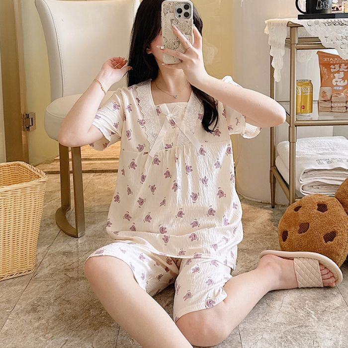 Pijamas transfronterizos al por mayor para mujer verano nube de algodón con cuello en V encaje de encaje de manga corta pantalones cortos de dos piezas servicio a domicilio informal