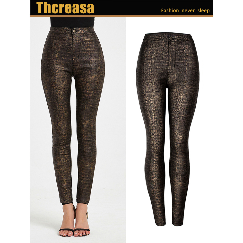 Women's Clothing fashion tight women's pants high waisted PU coated pants sexy small feet crocodile pattern pants for women in autumn_voghion.com