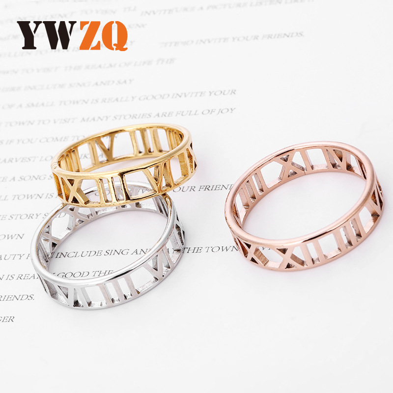 Cross-Border Jewelry Fashionable and Simple Stainless Steel Jewelry Laser Cutting Roman Numeral Titanium Steel Ring Available in Three Colors