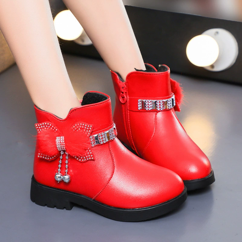 Детские хлопковые сапоги в стиле принцессы с бантом, теплые кожаные сапоги для малышей, зимние сапоги для девочек 2025 года, короткие сапоги до середины икры со стразами