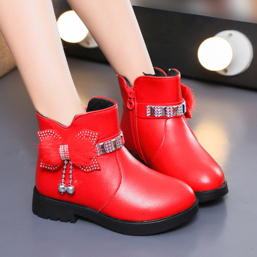 Children's Cotton Boots Princess Fashion Bow Baby Warm Leather Boots  Winter Girls Rhinestone Mid-calf Short Boots