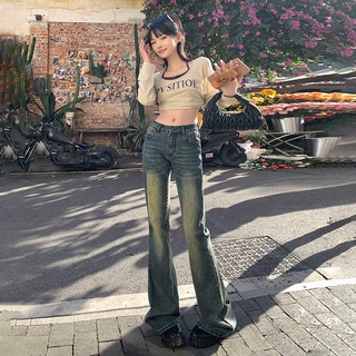 美式复古怀旧低腰辣妹喇叭裤时尚百搭垂感弹力牛仔裤女&常规加长