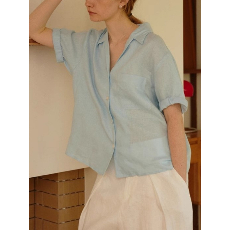 French Chic Cuban Collar Full Linen Rolled Edge Sleeves Deep V Short-Sleeved Shirt Spring and Summer Two-Color Short-Sleeved Shirt