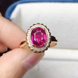 彩色宝石厂家批发正品 18k彩金镶嵌天然红碧玺戒指女婚戒 配证书