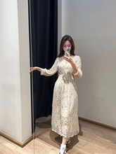 BA法式波西米亚风碎花裙女式印花裙V领收腰显瘦中长款连衣裙优雅