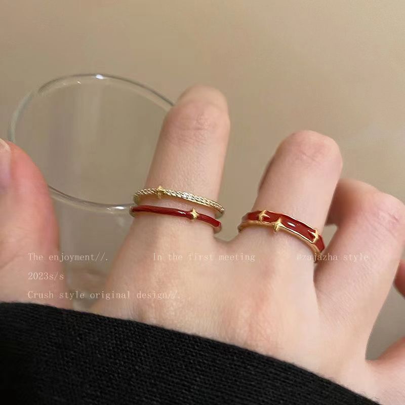 Double Layer Stacked Red Star Hollow Ring Women's Autumn and Winter New Year's Life Year Adjustable Ring Distinctive Finger Ring