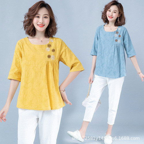 Artistic Embroidered Floral Cotton-Linen T-Shirt for Women 2025 Summer New Arrival Short-Sleeve Abdominal Covering Babydoll Top Loose and Slimming Shirt