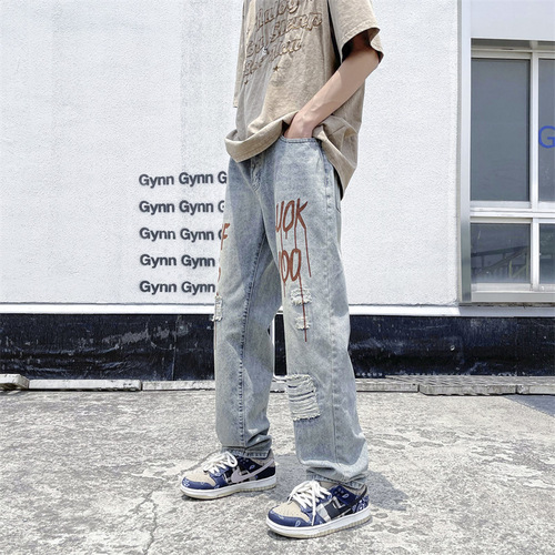 American-style high-street ripped-print denim jeans for men, loose-fit straight-leg summer pants with a cool, edgy hiphop vibe—perfect for trendy teens.