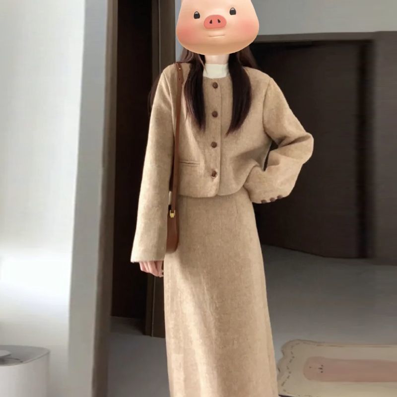 早秋韩系穿搭套装小香风高级感毛呢外套半身裙大方得体穿搭两件套|undefined