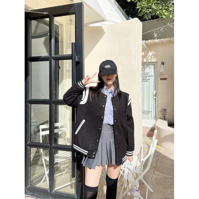 Spring, Autumn and Winter American Design Heavy Jacket Loose Woolen Casual Baseball Uniform Trendy Brand Contrasting Color Jacket Top for Women
