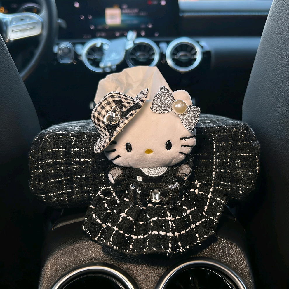Chanel-Style Hello Kitty Car Tissue Box for Girls, Car Dashboard Armrest Tissue Holder, Car Doll Tissue Box