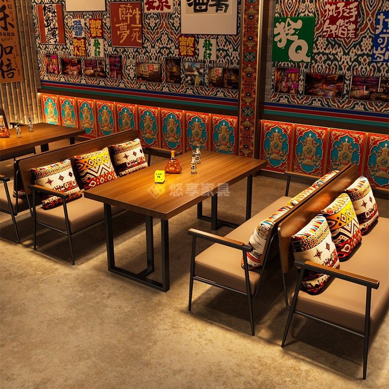 Folk Collection Bar Booth Sofa Chair Bistro Cafe Restaurant Bar Dining Bar Table and Chairs Solid Wood Table