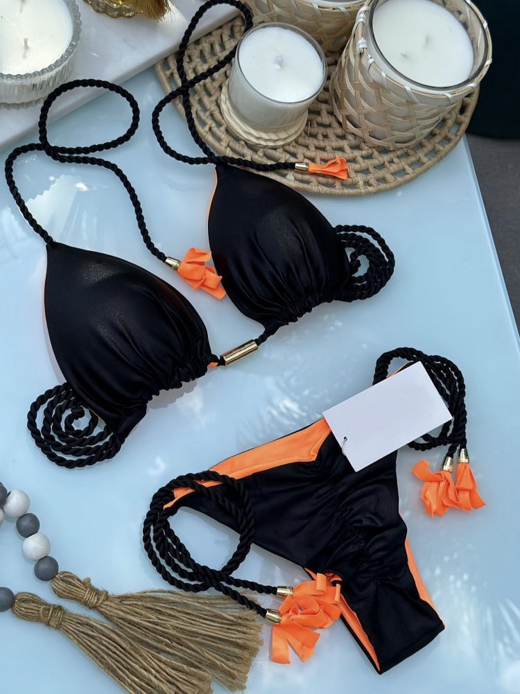 2025 Backless Braided Bikini Triangle Swimsuit Multi-Color Sexy Style Vacation Suit European And American Fashion Polyester_voghion.com