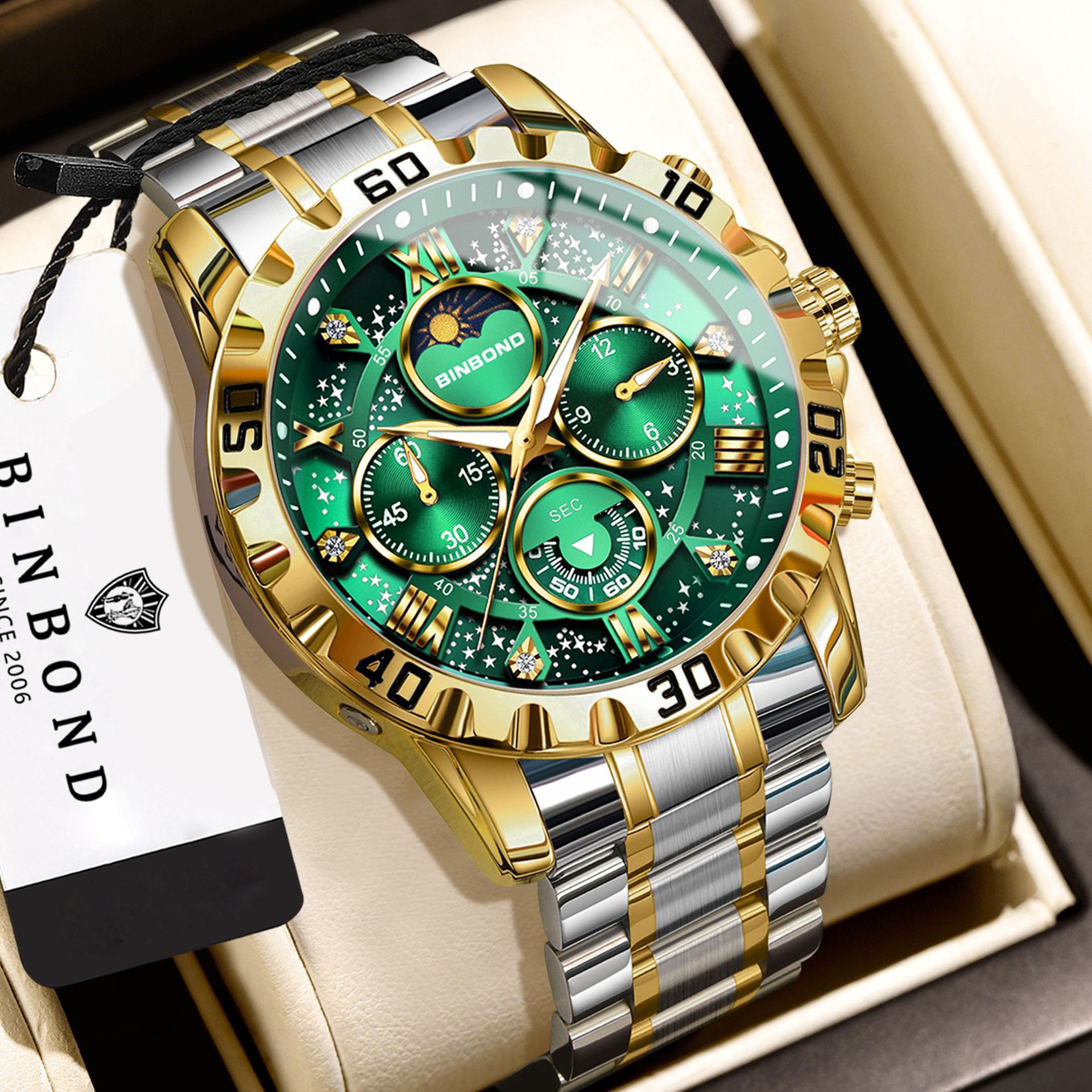 Binbond Men's Watch Steel Strap Moon Phase Star Luminous Waterproof Cross-Border Foreign Trade Quartz Watch