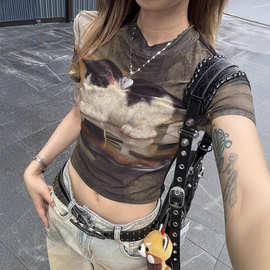 复古个性印花百搭时尚短袖T恤女装2025夏季辣妹修身显瘦正肩上衣