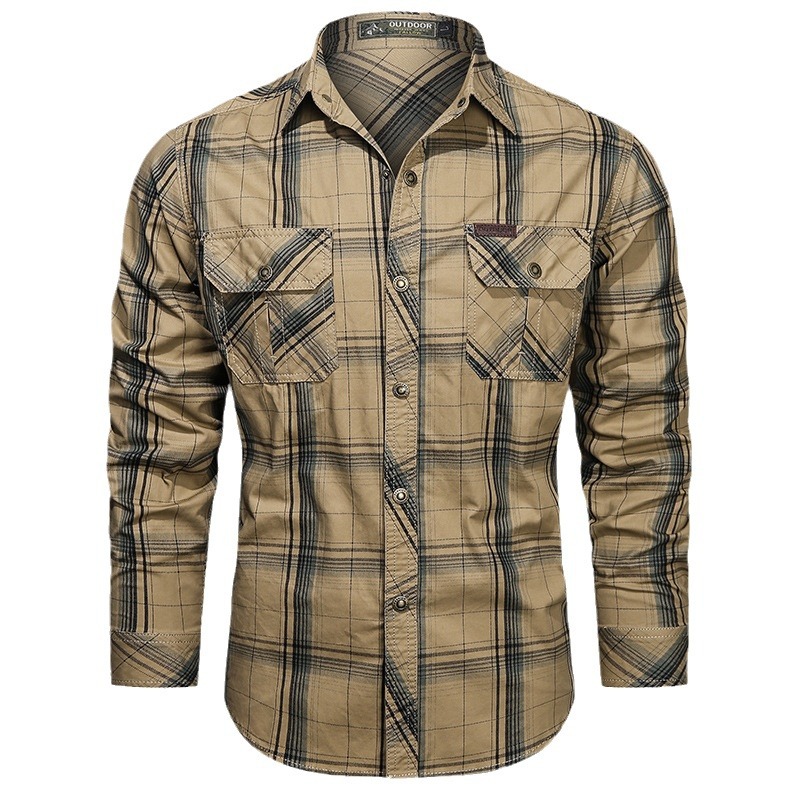 Hombres jóvenes de mediana edad Casual de negocios de algodón de gran tamaño Camisa de trabajo Otoño nuevo cuadrícula manga larga delgada