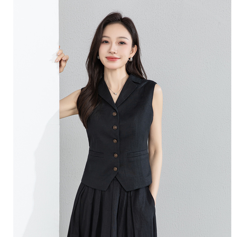 Xingge Fashionable and Elegant Waist-Cinching Sleeveless Light Luxury Black Blazer Vest and Mid-Length Pleated Linen Skirt Set Xingge Fashionable and Elegant Waist-Cinching Sleeveless Light Luxury Black Blazer Vest and Mid-Length Pleated Linen Skirt Set