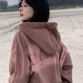 美式复古外套印花拉链卫衣女春秋新款休闲运动连帽开衫短款小个子