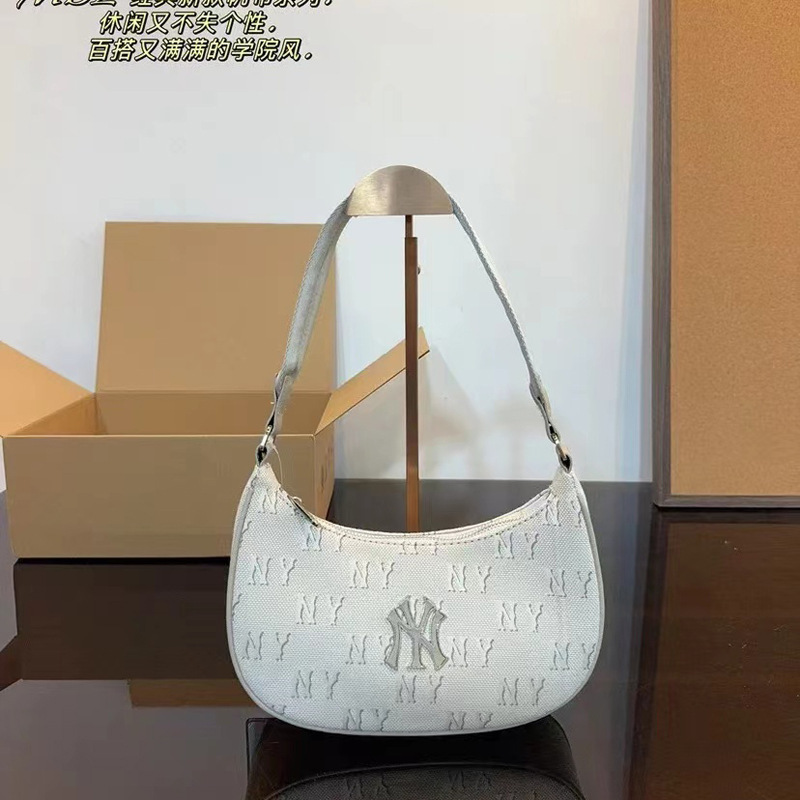 Korean Mlb2025 New Leather Label Handbag Retro Monogram Full-Print Simple Shoulder Bag Urban Crossbody Bag