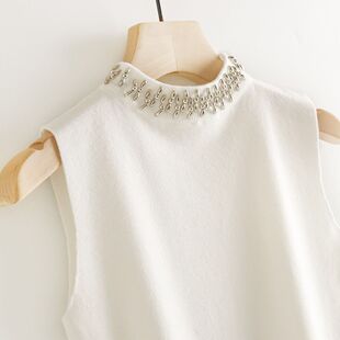 2025 Spring and Summer New Handmade Beaded Semi-high Neck Elegant Sleeveless Slimming Knitted Vest for Women