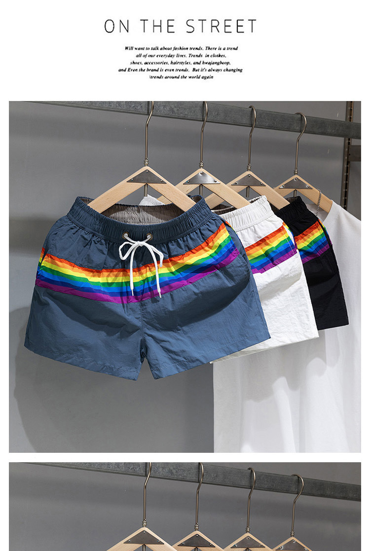 Men's Trendy Beach Shorts Loose Fit Rainbow Stripe Casual Sports Fashion Three Quarter Length Summer Bottoms_viptrois.com