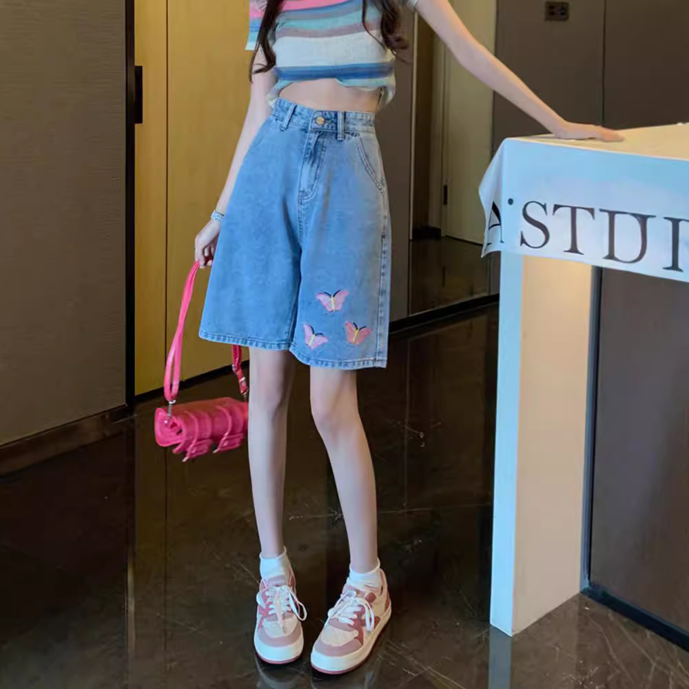 데님 반바지 여성의 여름 새 플러스 사이즈 통통녀 MM 느슨한 자수 바지 높은 허리 넓은 다리 바지