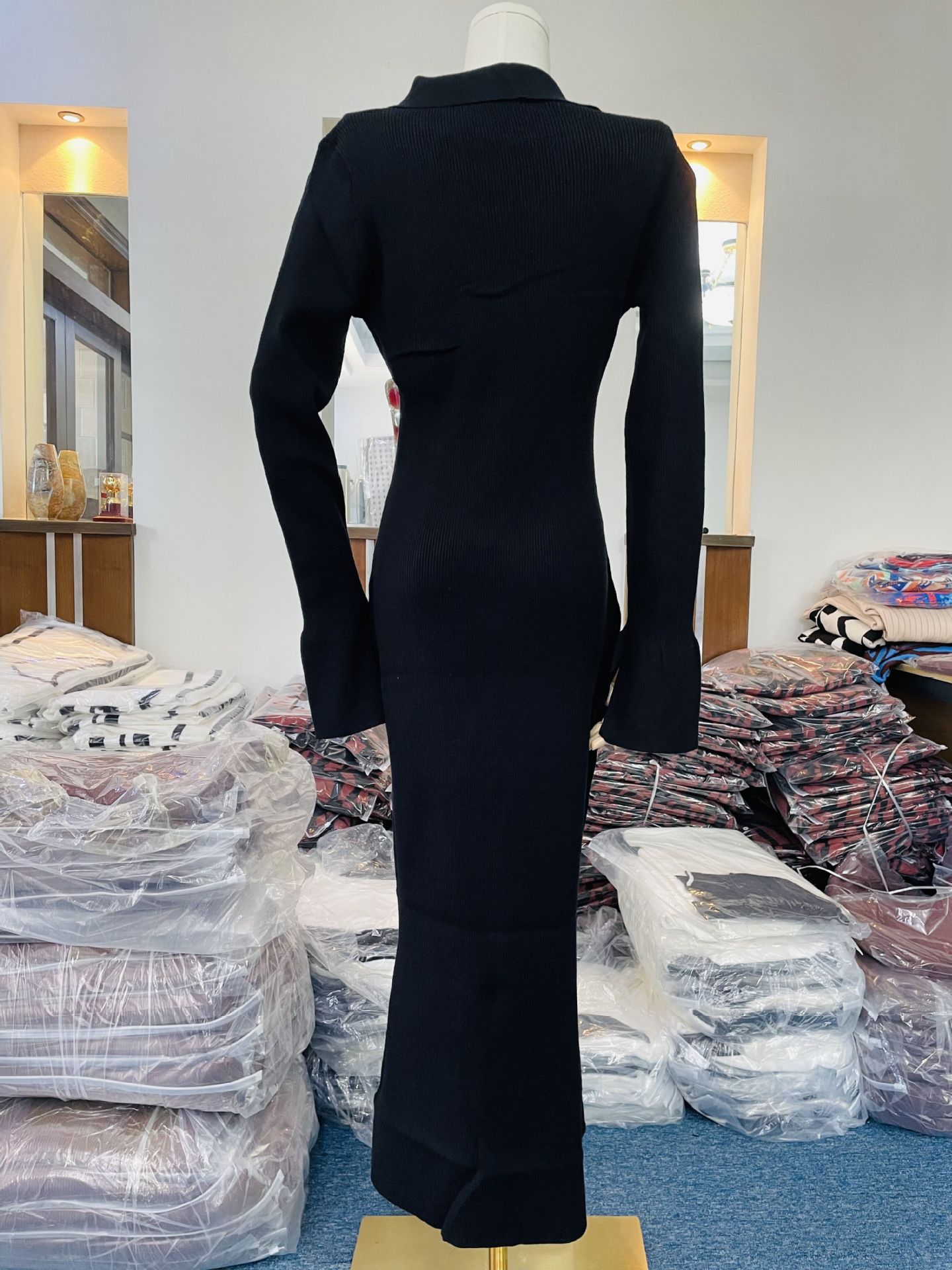 Women Clothing Long Sleeve Dress Women Knitted Deep V Plunge Sweater Maxi Dress