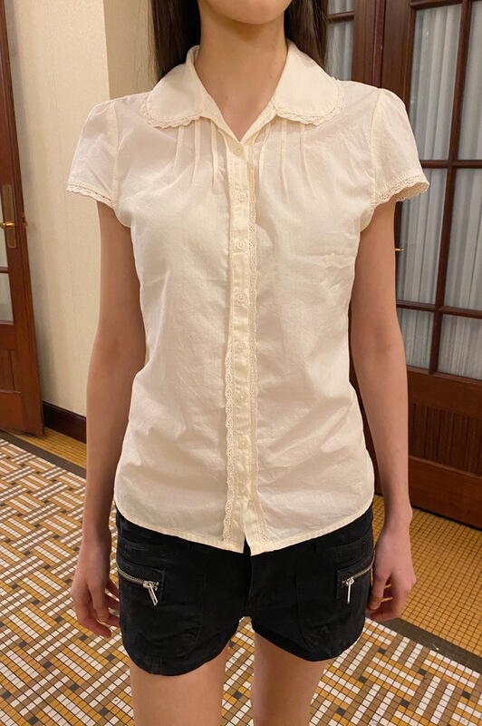 Bm Style New American-Style Beige Doll Collar Shirt Bm Short-Sleeve Lace Trim Buttoned Sweet Girl Top Summer Bm Style New American-Style Beige Doll Collar Shirt Bm Short-Sleeve Lace Trim Buttoned Sweet Girl Top Summer
