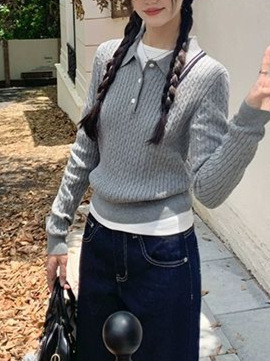 cozydas学院麻花刺绣polo针织衫女秋冬长袖毛衣秋新软糯套头上衣|undefined
