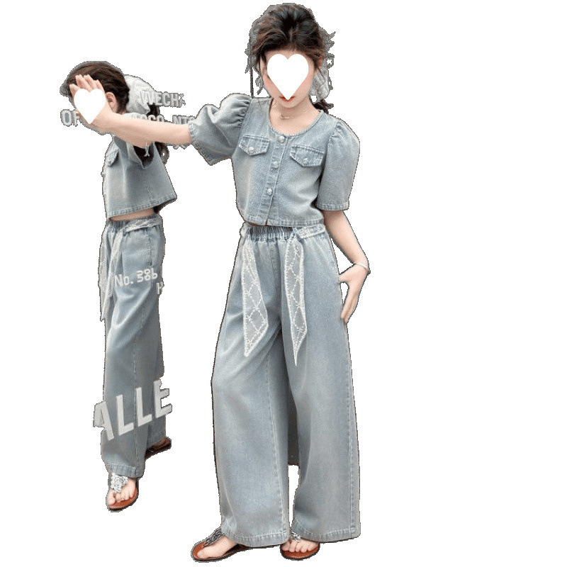 女の子スーツ 2025 新しい子供服トレンディなスタイル中大型子供夏デニム半袖アウター|undefined