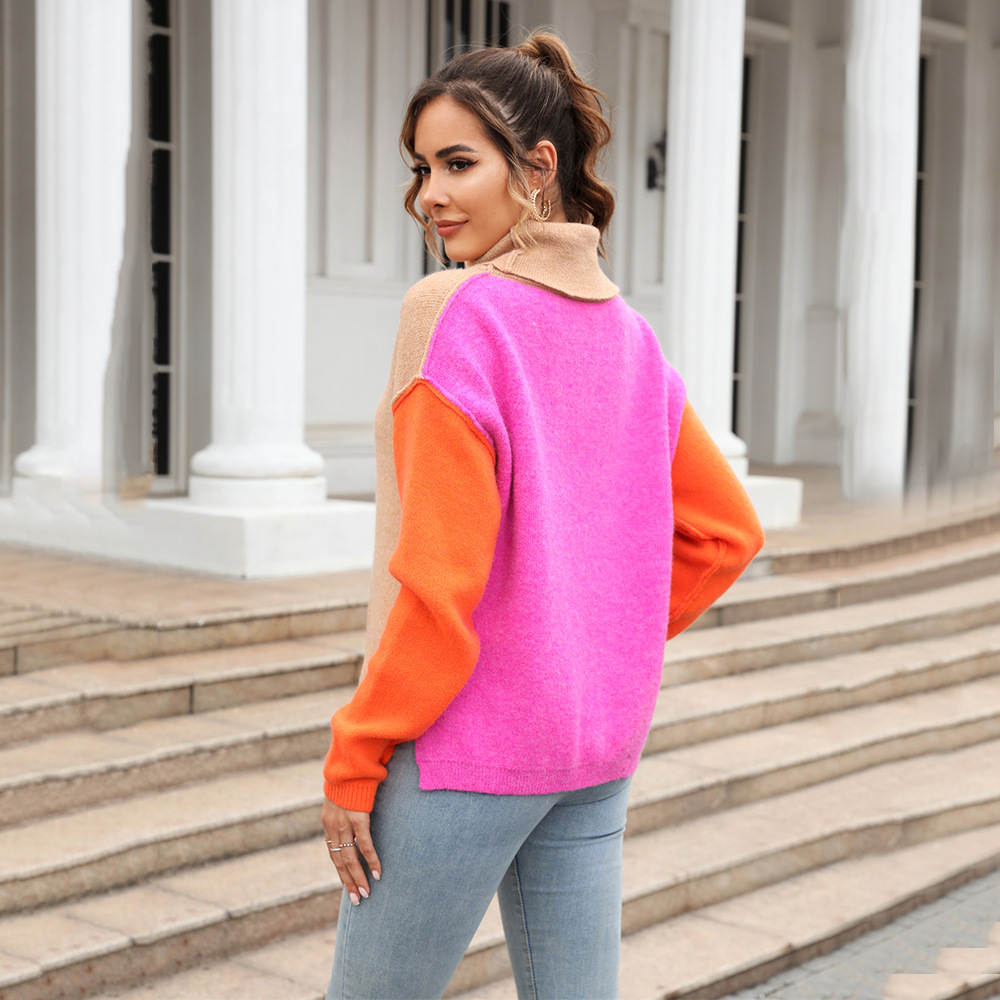 Suéter de Mujer Primavera 2025, Nuevo, Superventas en Amazon, Diseño Patchwork, Moda Tejida, Cuello Alto, Tendencia image 4