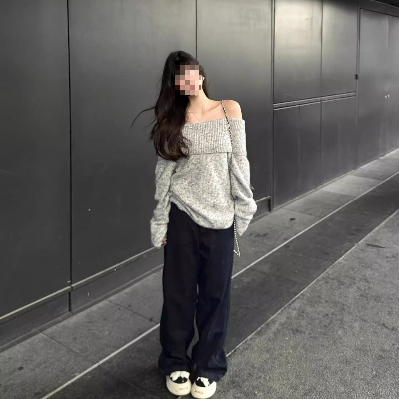 灰色露肩韩系套头毛衣女秋慵懒风宽松休闲显瘦气质小个子长袖上衣|undefined