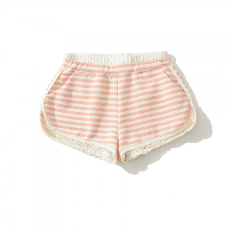 Striped lace trim elastic waist casual shorts, loose and slimming, suitable for home and outdoor wear, sweet style versatile girls' hot pants
