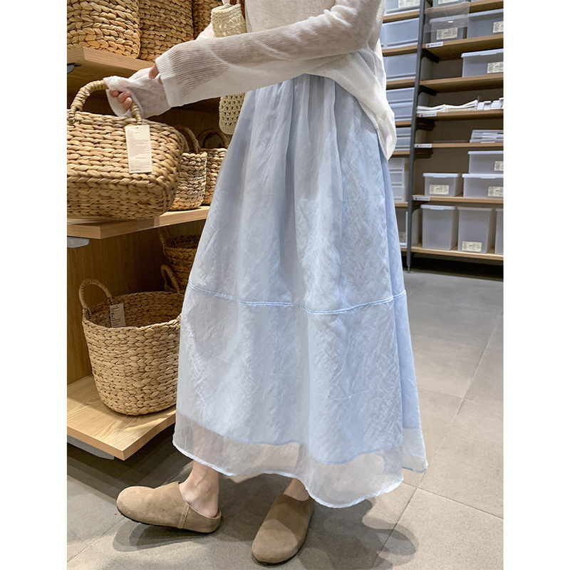 Blue Puffy Cake Skirt for Women, Spring and Summer Thin High-Waisted Slimming A-Line Umbrella Skirt, Casual Mesh Skirt for Petite Figures