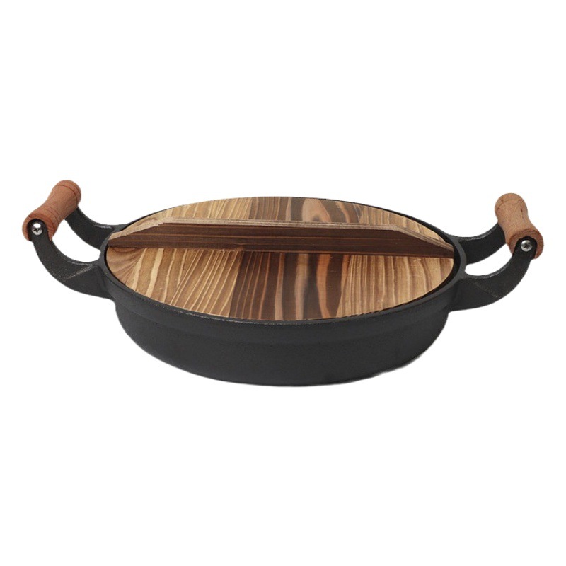 Mango de madera engrosada sartén de hierro fundido no recubierto bolsa de freír agua panqueque pan Cocina de Inducción universal entrega de una sola pieza