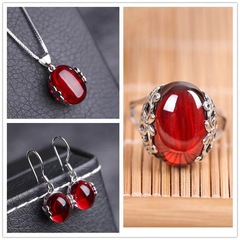 Set of Three: Red Pendant with White Gold-Plated Beryllium Copper, Engraved with White Gold and Inlaid with Green Agate and Clear Agate Drops