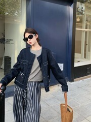 2025新款设计感牛仔毛边圆领长袖外套女秋季显瘦休闲裤长裤两件套