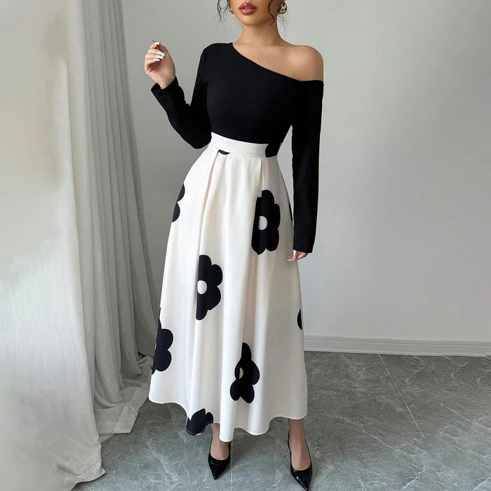 2025 European and American Clothing Amazon Independent Station Long-Sleeved Round Neck Long Skirt Digital Printed Black and White Dress