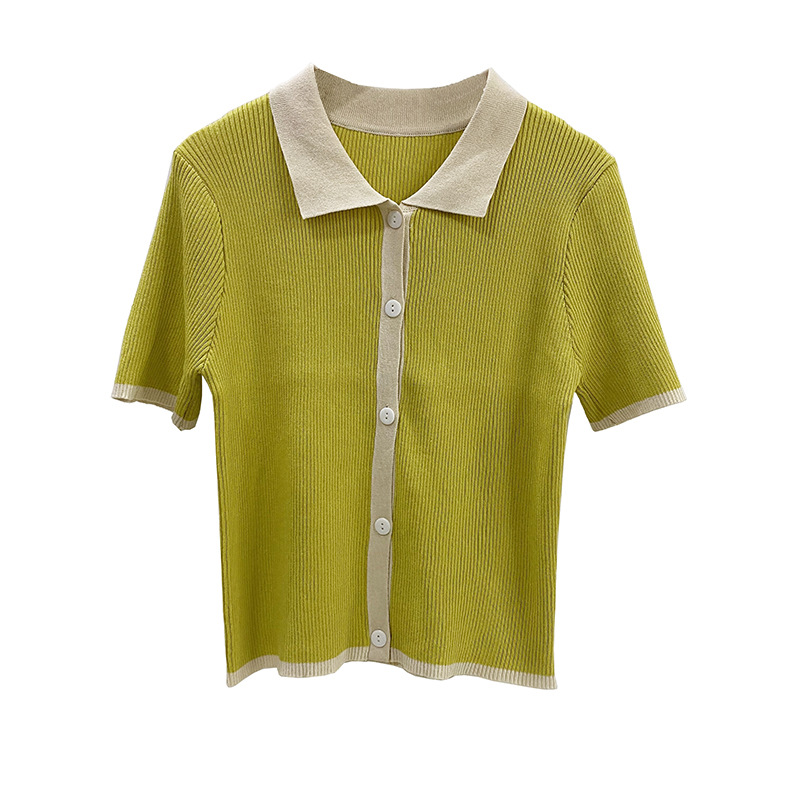 여름 새로운 한국 스타일 대비 색상 싱글 브레스트 폴로 칼라 반팔 니트 가디건 여성 탑