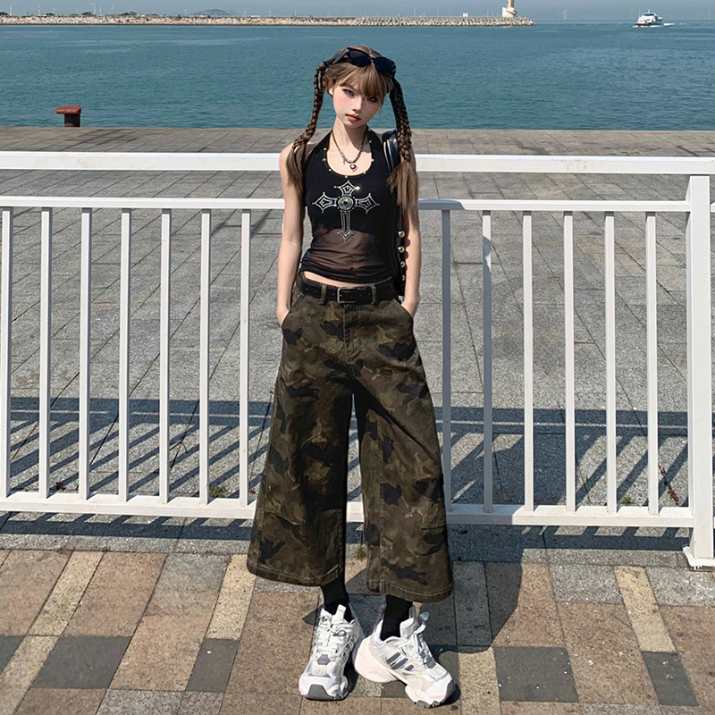 American Retro Workwear Camouflage Three-Quarter Denim Shorts for Women Summer Bf Style Loose Slimming Look Straight Wide Leg Pants