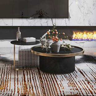 Light luxury living room glass painted tea table modern simple small apartment stainless steel round marble round light luxury style