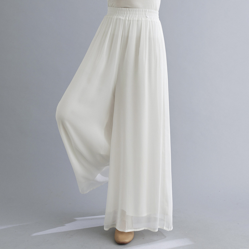 New Summer Chiffon Wide-Leg Pants for Women, Mid-Waist Pleated Cropped Pants, Elastic Waist, Retro Straight-Leg Pants, Basic Style