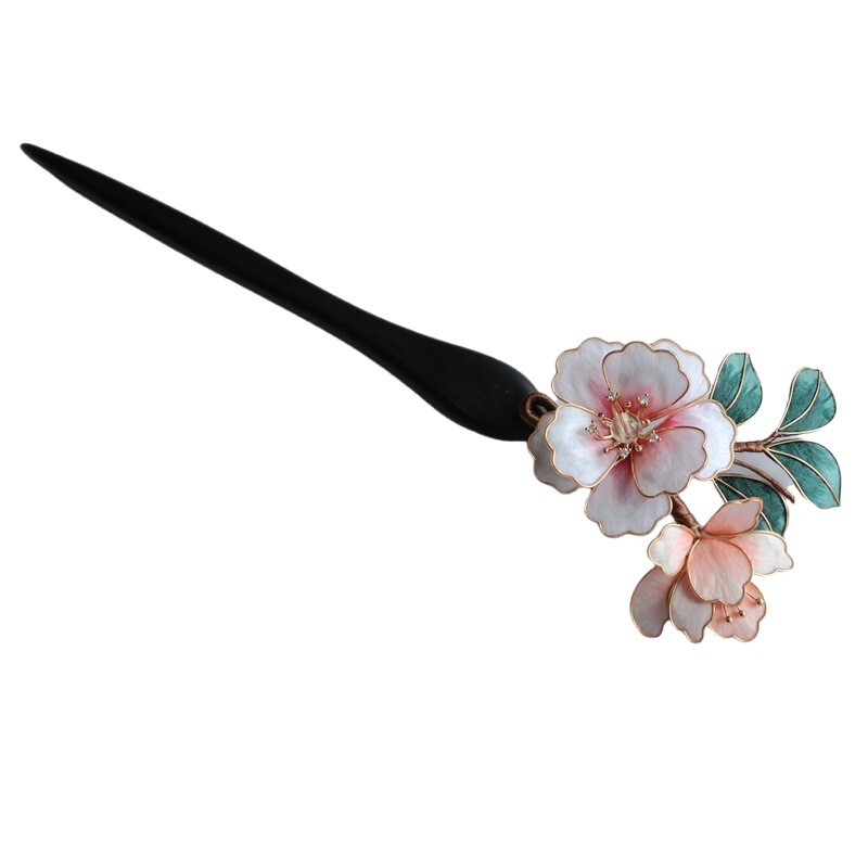 古风手工蚕丝绒花檀木发簪日常汉服旗袍盘发百搭发簪成品|undefined