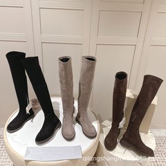 高端2025秋冬麂皮圆头低跟侧拉链高筒弹力瘦瘦靴骑士靴过膝长靴女