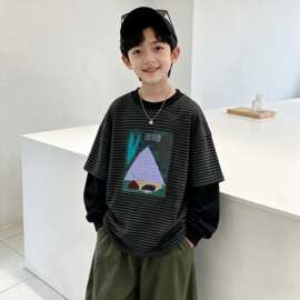 秋季男童长袖T恤新款中大童装儿童男孩假两件拼接袖上衣打底衫卫