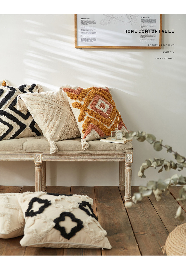 跨境专供摩洛哥民族风簇绒几何刺绣流苏波西米亚抱枕套靠垫亚马逊