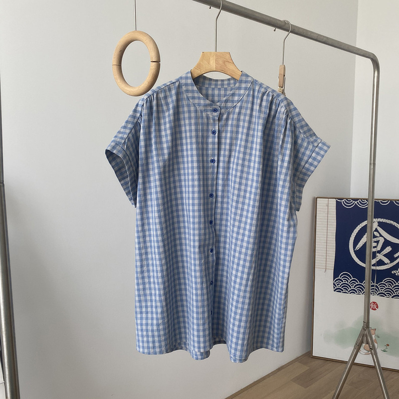 [Blue Mood] Japanese Retro Blue Plaid Summer Plaid Collar Loose Mid-style All-match Short-sleeved Shirt