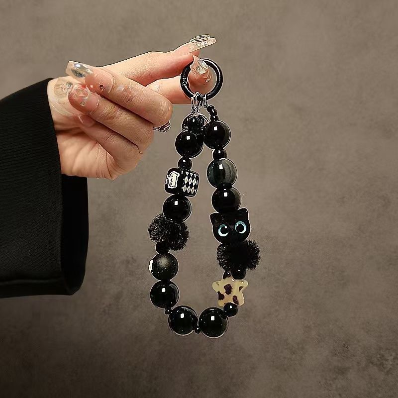 Niche High-End Black Plush Cat Mobile Phone Lanyard Beaded Hand Chain Wrist Strap Car Keychain Bag Pendant