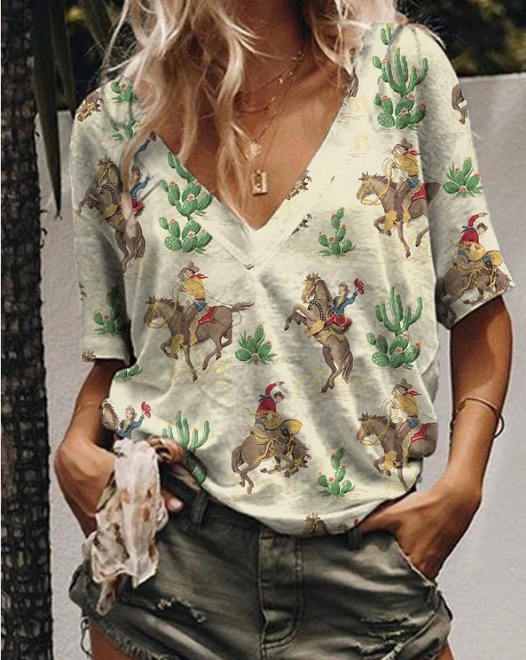 Nueva Venta caliente ropa de mujer europea y americana AliExpress Amazon Impresión digital Western Denim manga corta Camiseta con cuello en V 5260